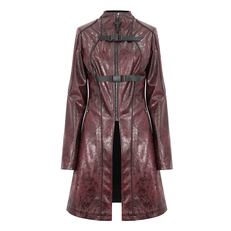 Gothic punk mid-length zipper coat in faux leather with double buckles, perfect for a daring wardrobe makeover.