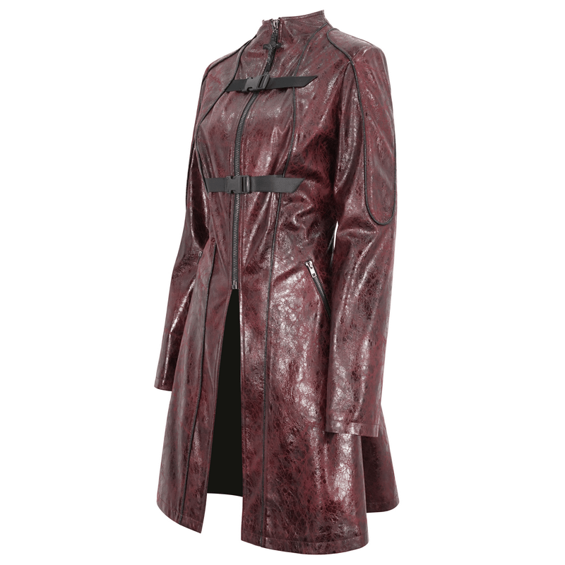 Gothic punk faux leather coat with double buckles, mid-length, edgy design for rebellious women.