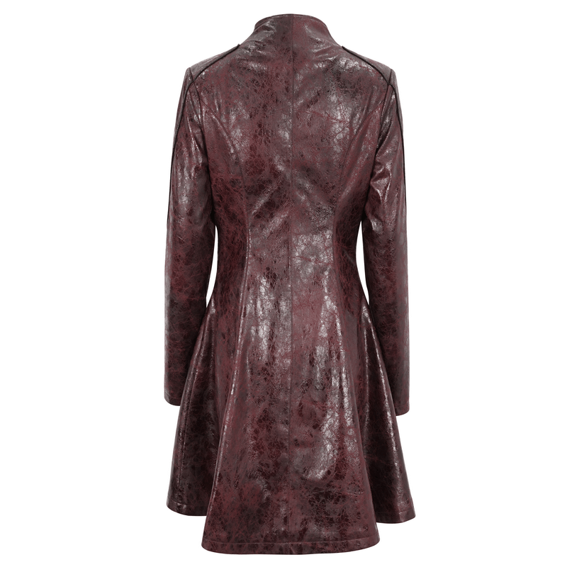 Back view of a women's gothic punk mid-length faux leather coat with a stylish flared design.