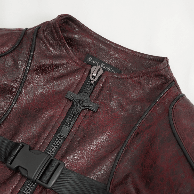 Close-up of gothic punk faux leather coat showcasing zip and double buckle details.