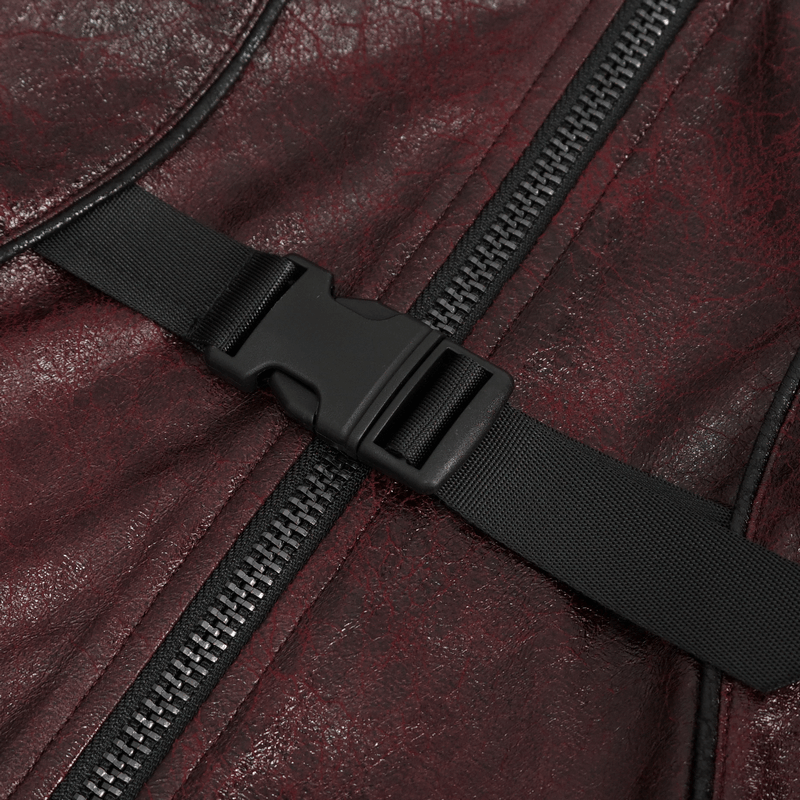 Close-up of double buckle detail and zipper on Gothic Punk faux leather coat in burgundy.