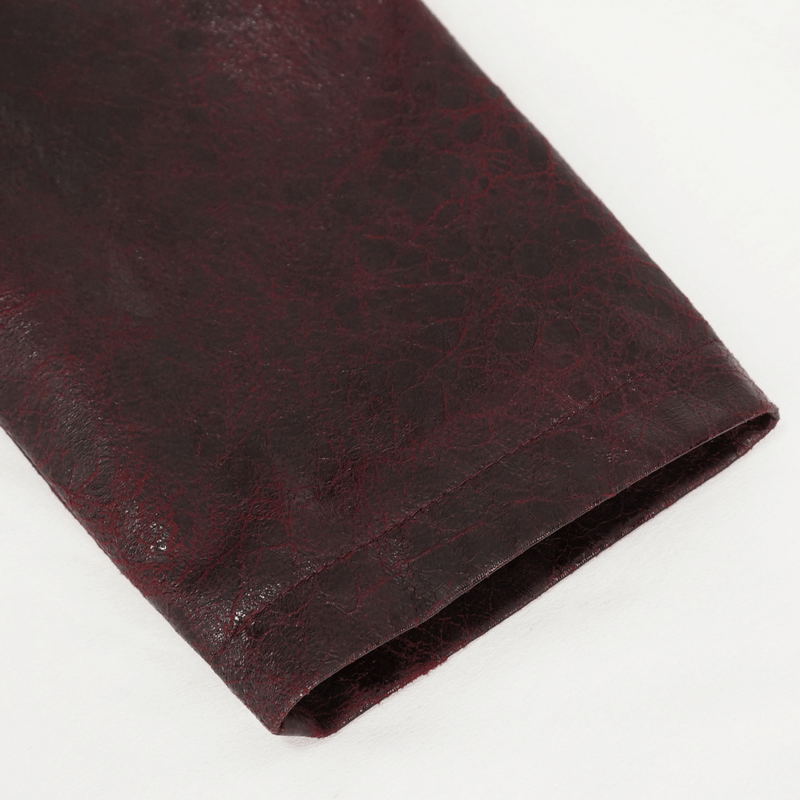 Close-up of the burgundy faux leather sleeve of a Gothic Punk mid-length coat with intricate texture.
