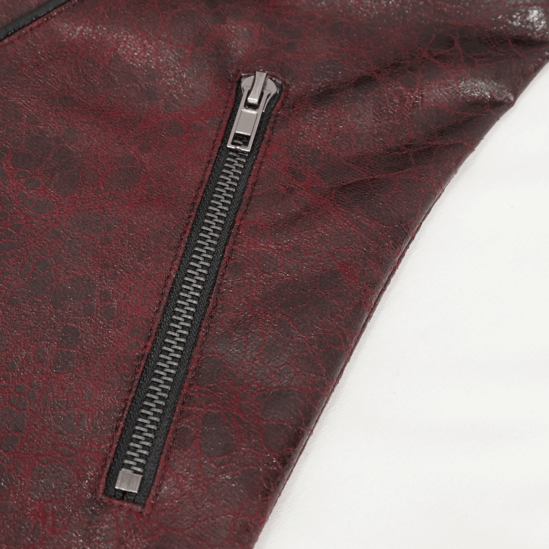 Close-up of a gothic punk faux leather coat's zipper detail in rich burgundy color.