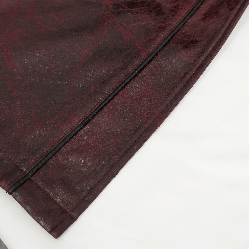 Close-up of maroon faux leather fabric, showcasing sleek texture and edge detailing perfect for gothic punk style.