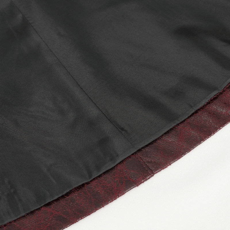 Close-up of the interior lining and faux leather of the gothic punk mid-length coat, showcasing a sleek design and edgy texture.