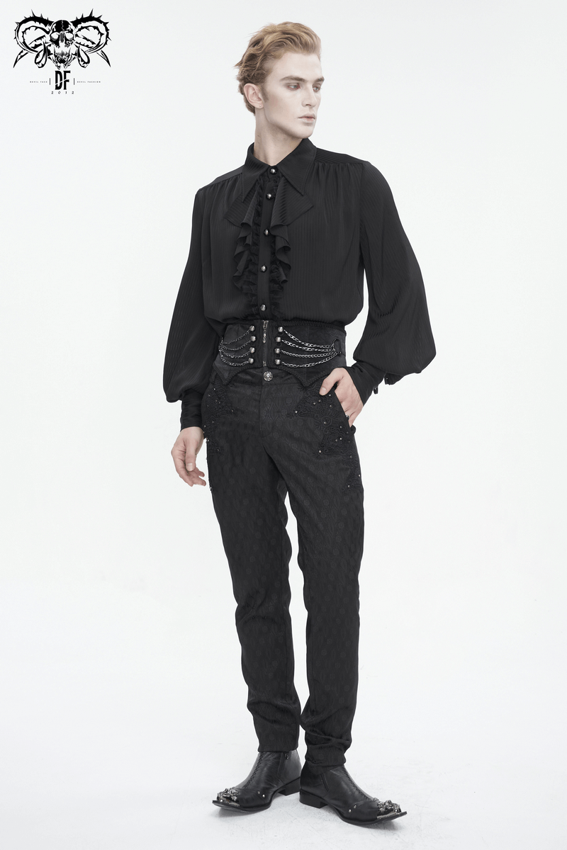 Men's gothic punk style outfit featuring a ruffled black shirt, irregular girdle, and multi-chain accessories.