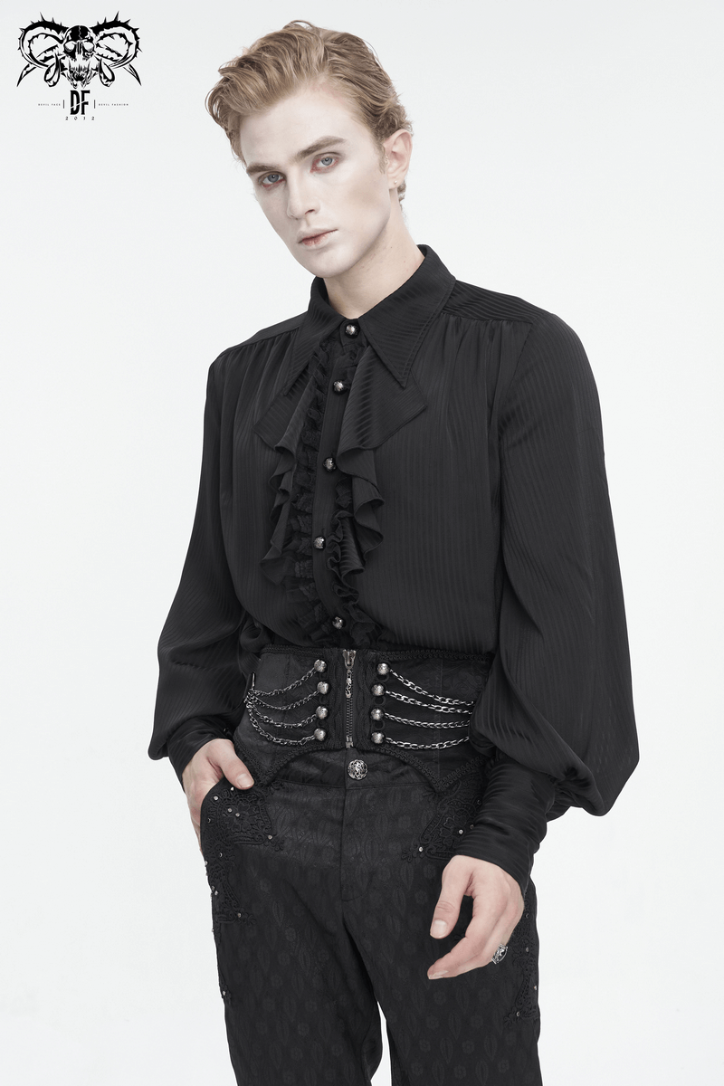 Men's gothic punk outfitted in a black ruffled shirt and irregular girdle with chains, embodying edgy fashion rebellion.