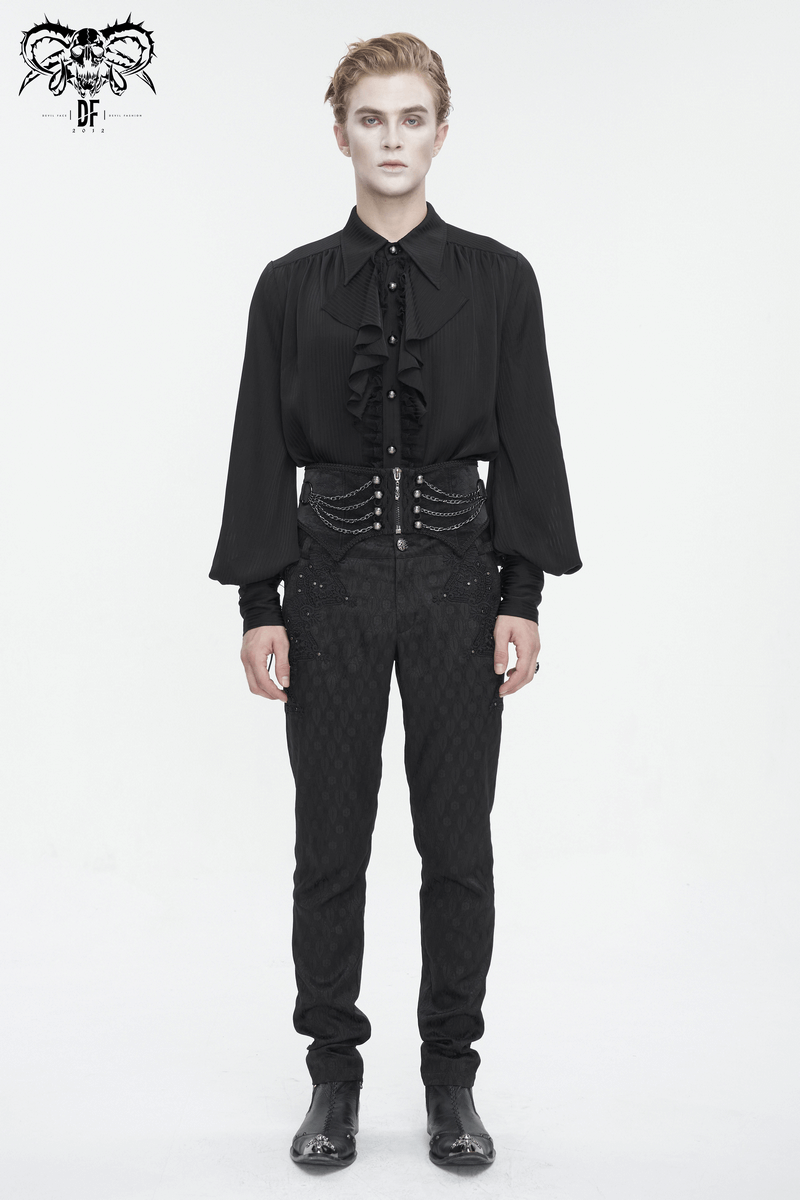 Men's gothic punk fashion featuring a ruffled black shirt and unique zipper girdle with multi chains.