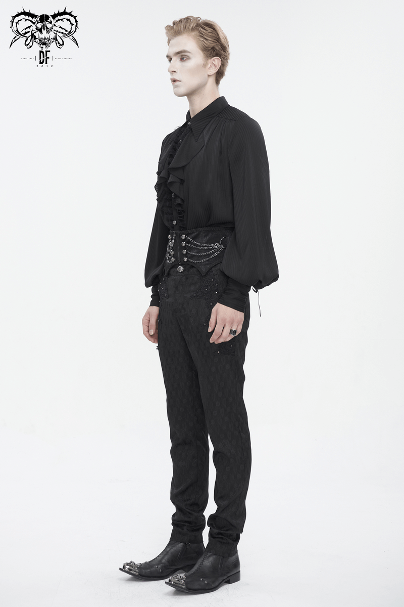 Men's gothic punk fashion showcasing a ruffled black shirt with an irregular girdle and chains for edgy style.