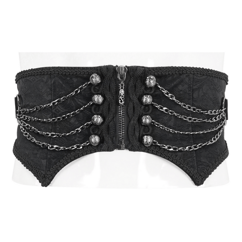 Men's Gothic Punk girdle with zipper and multi chains, showcasing edgy fashion and an irregular cut.