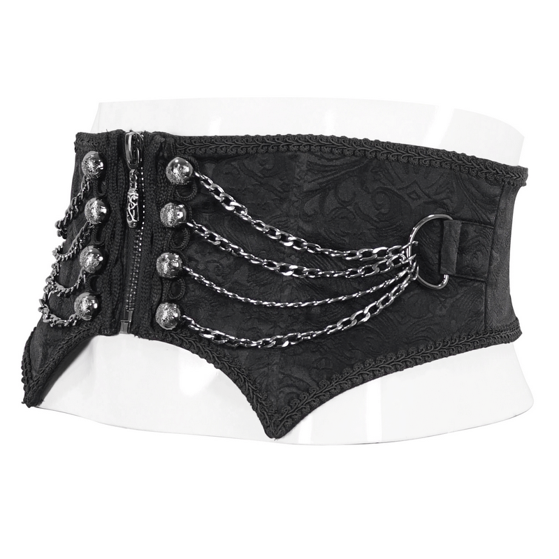 Men's Gothic punk girdle with zippers and multi chains, showcasing edgy fashion with an irregular design.