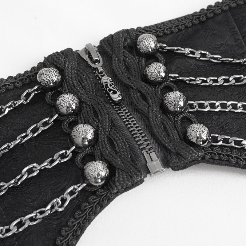Close-up of men's gothic punk girdle with zippers and multi-chains, showcasing edgy black fabric and unique design.