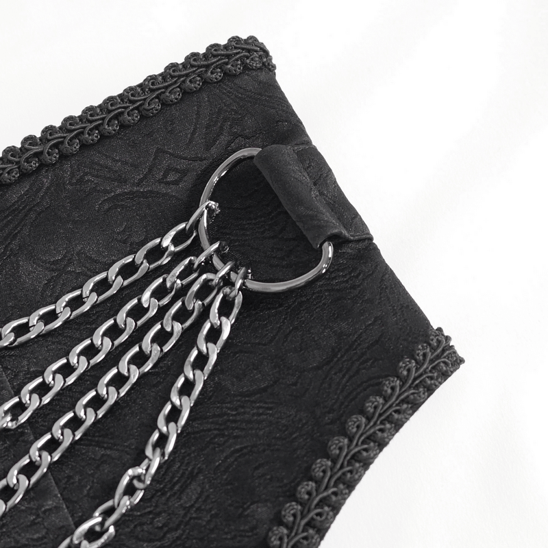 Close-up of men's gothic punk girdle featuring chains and intricate design, showcasing edgy fashion and rebellious style.