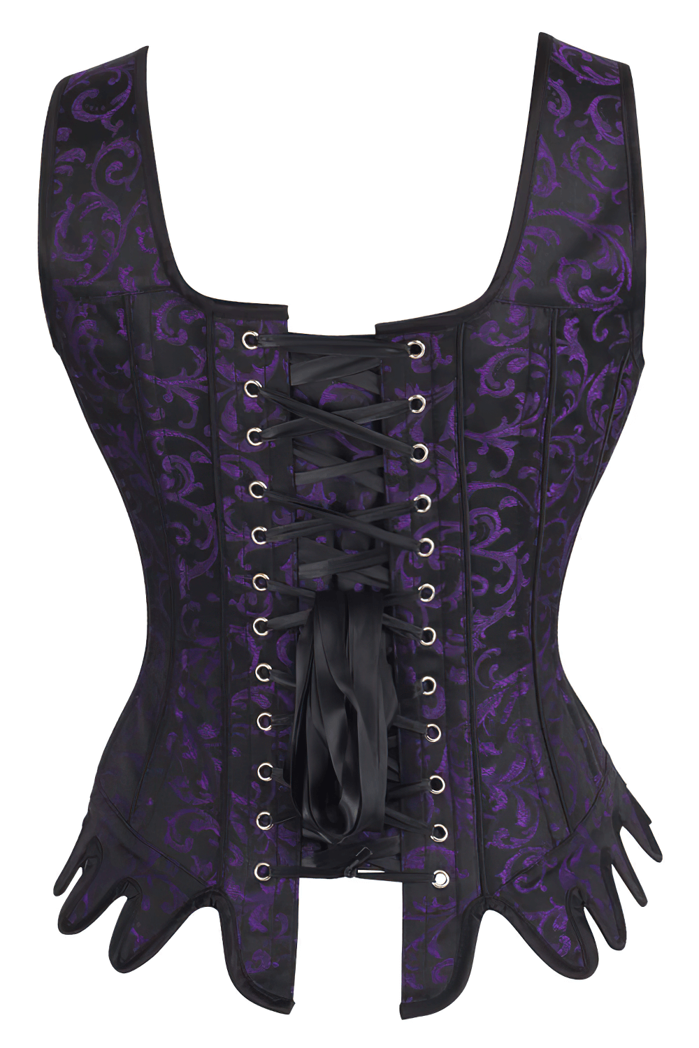 Elegant Gothic purple brocade overbust corset with lace-up back and decorative ribbon ties.