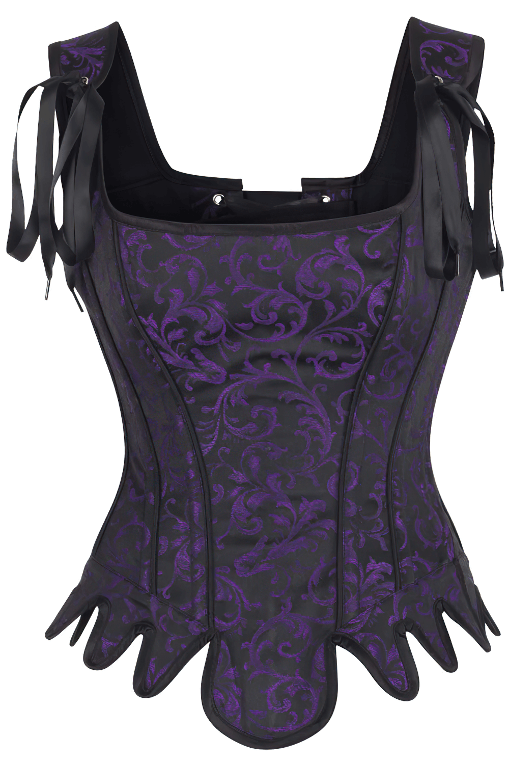 Elegant Gothic purple brocade overbust corset with lace-up back and decorative ribbon ties.