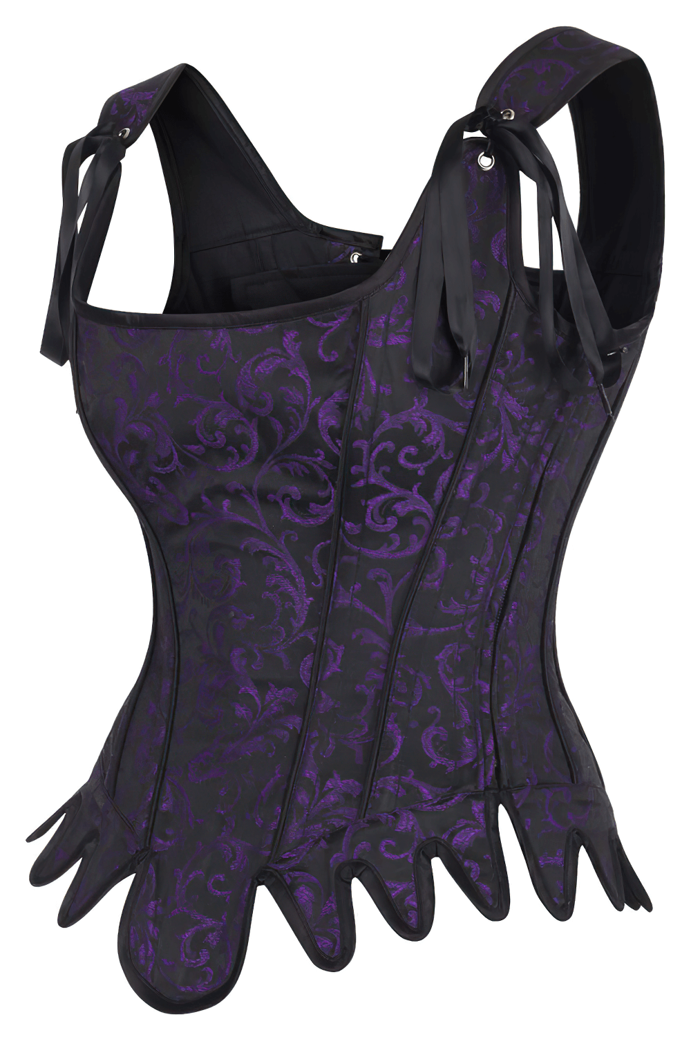 Gothic purple brocade overbust corset with lace-up back and decorative ribbon ties.