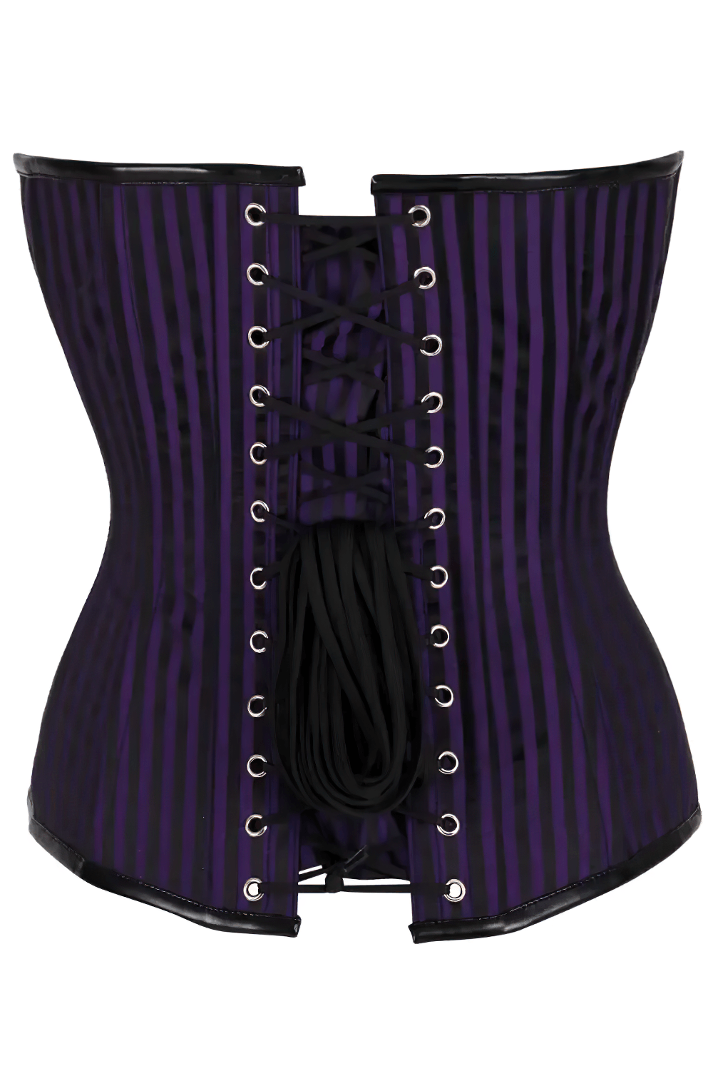 Gothic Purple Overbust Corset with Victorian Clasp Detailing, purple striped brocade with lace-up back and black trim