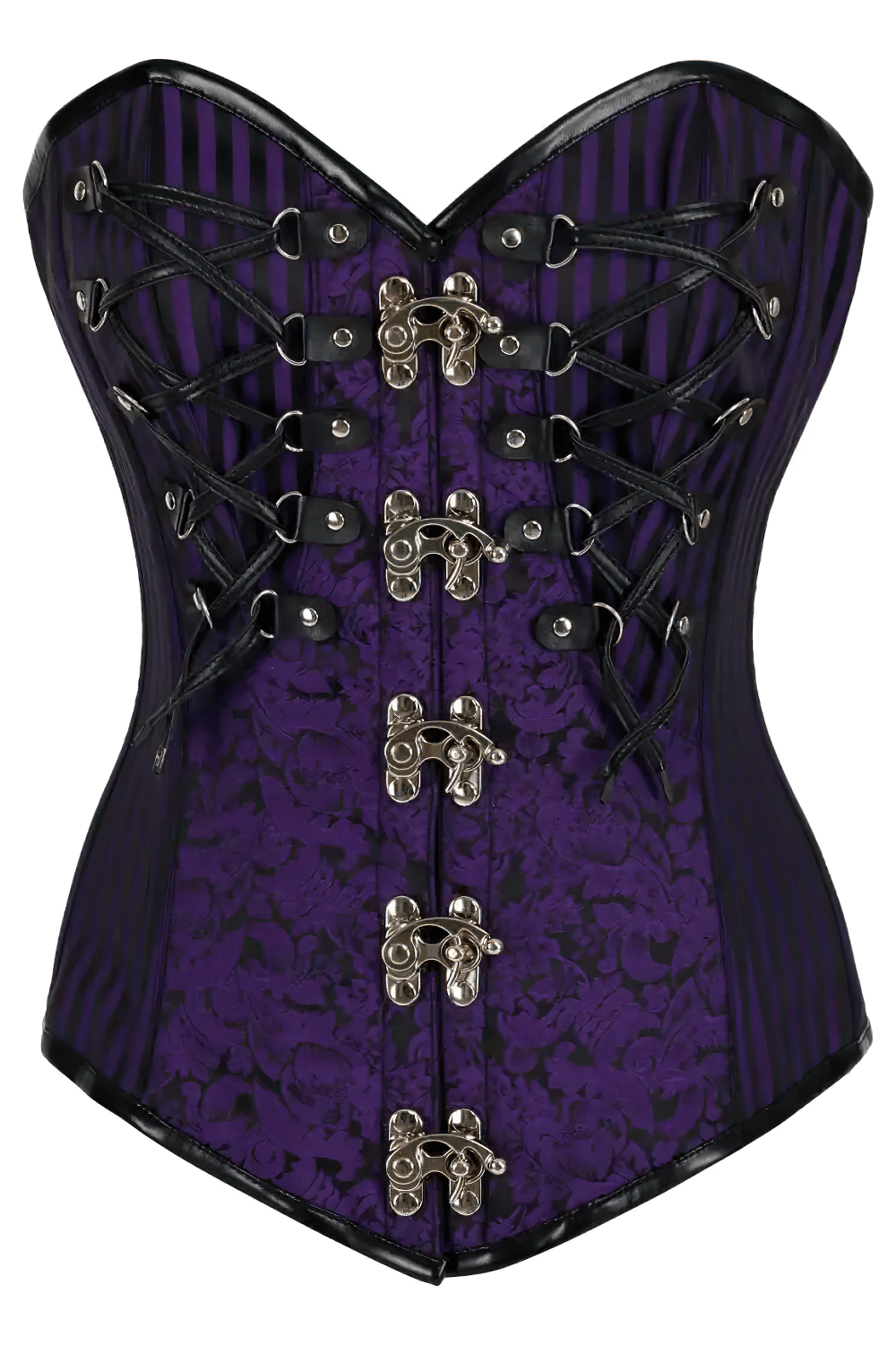 Gothic Purple Overbust Corset with Victorian Clasp Detailing, royal purple brocade and silver clasps