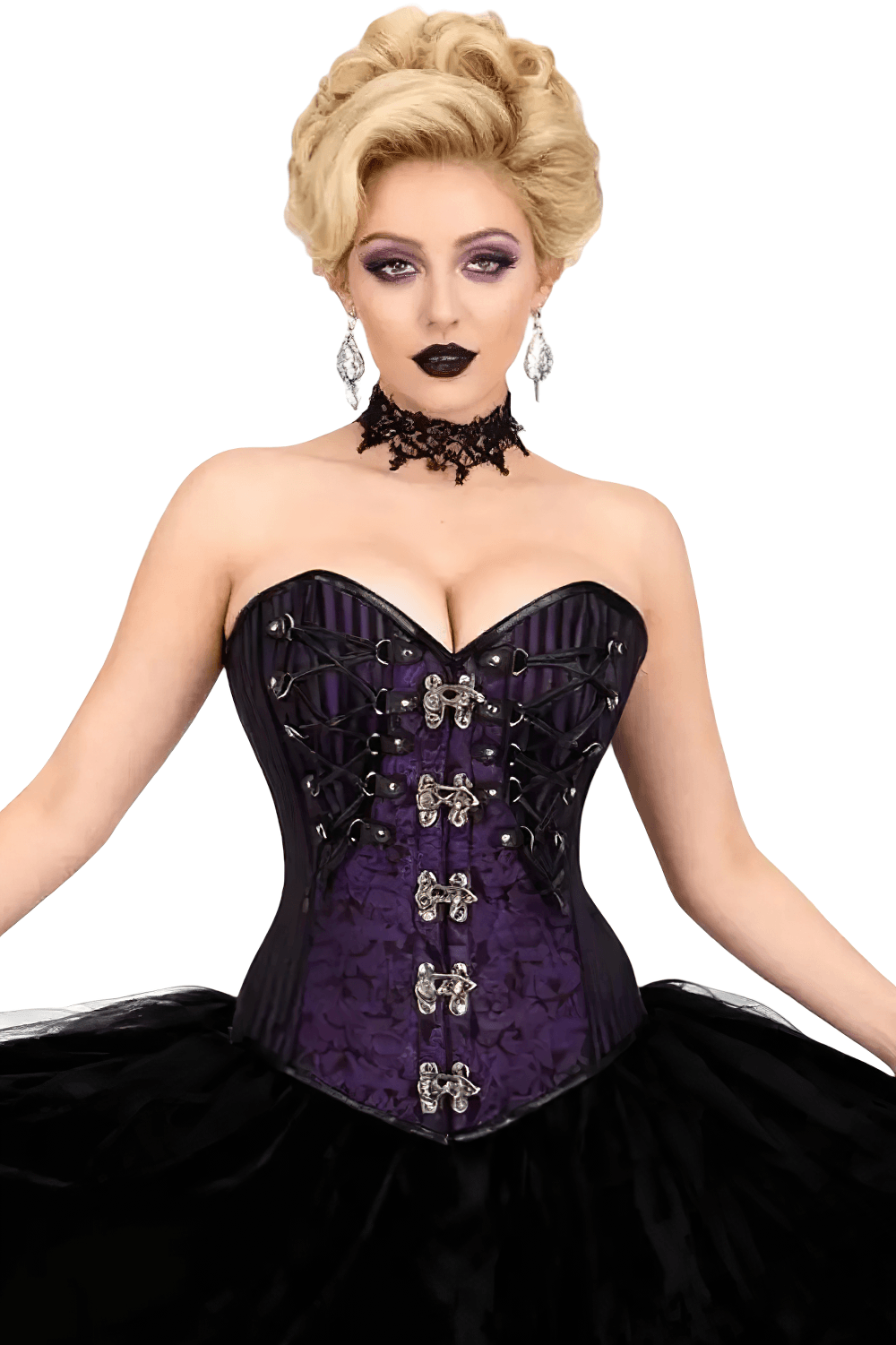 Gothic Purple Overbust Corset with Victorian Clasp Detailing, royal purple corset with silver clasps and lace-up front
