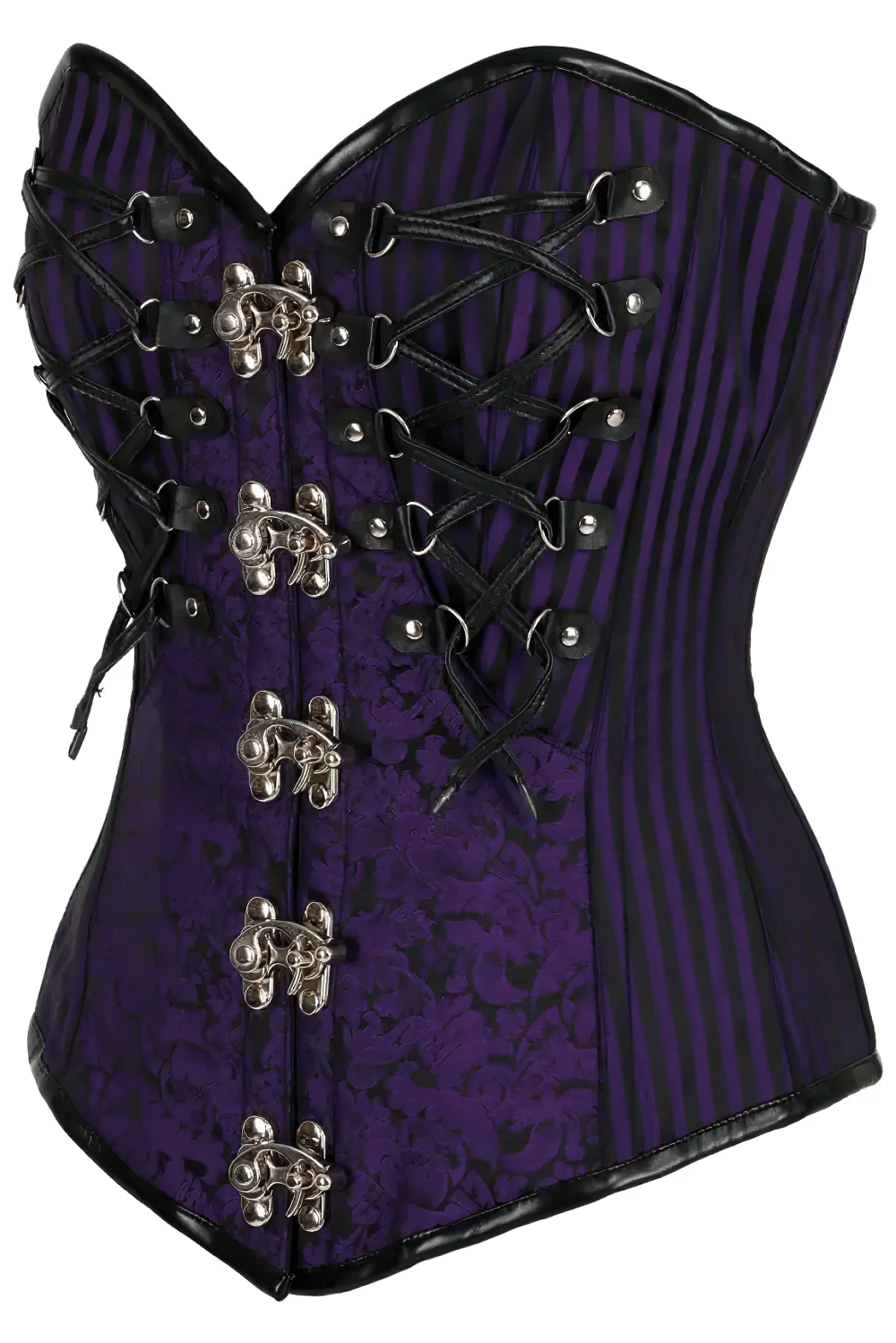 Gothic Purple Overbust Corset with Victorian Clasp Detailing, purple brocade bustier with silver clasps and lace-up front