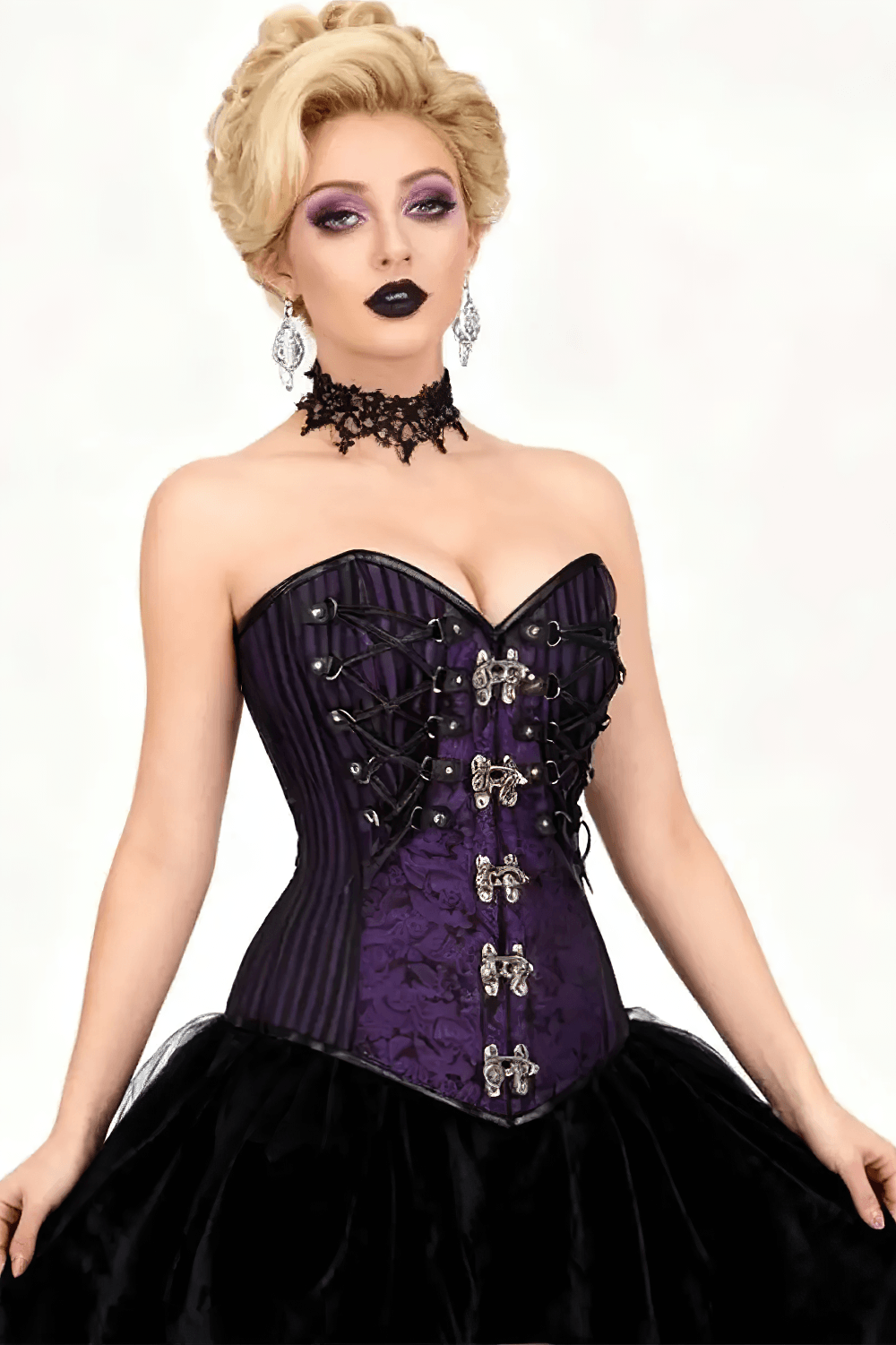 Gothic Purple Overbust Corset with Victorian Clasp Detailing, black lace-up front and regal purple brocade steampunk style