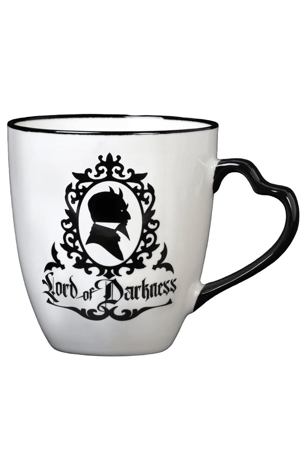 Gothic mug featuring Lord of Darkness silhouette and heart-shaped handle, perfect for gothic couple lovers.