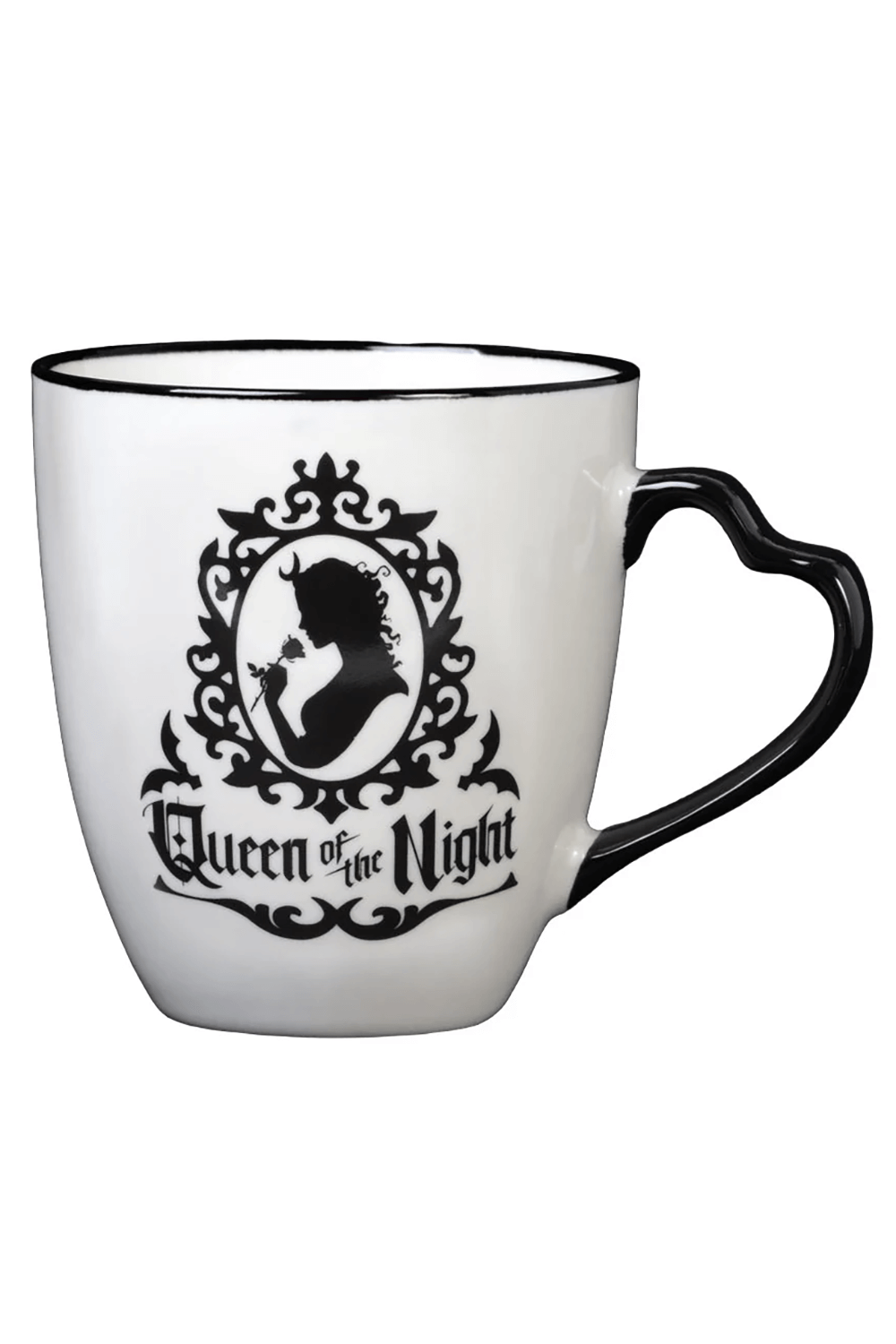 Gothic Queen of the Night mug with heart-shaped handle, elegant silhouette design, perfect for gothic couple lovers.