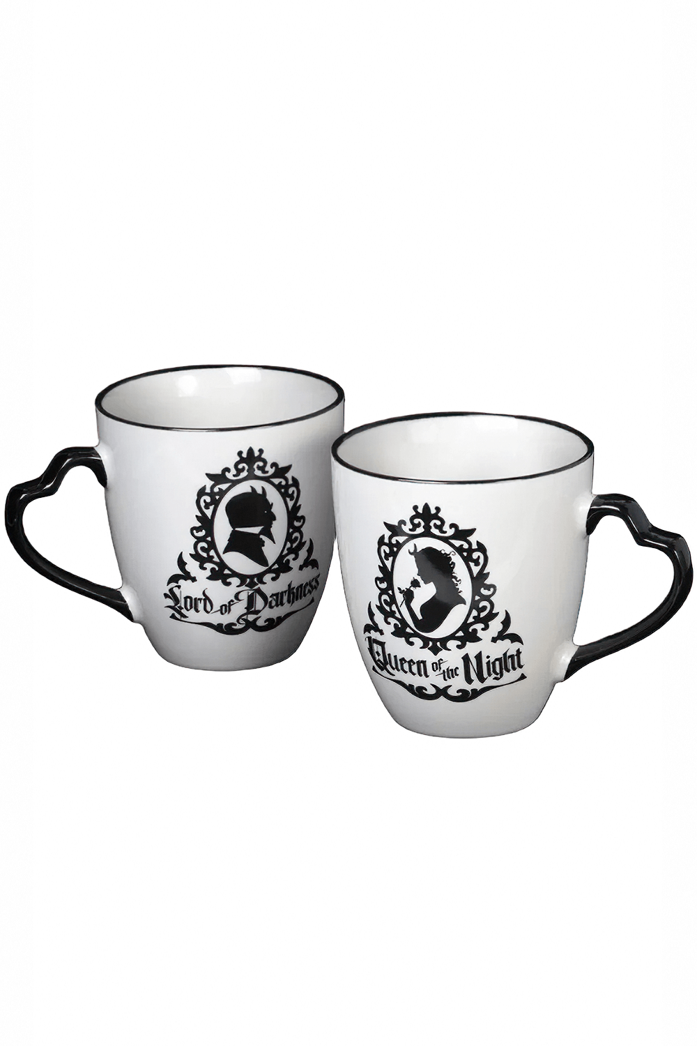 Gothic mug pair for the Queen of the Night and Lord of Darkness with heart-shaped handles.