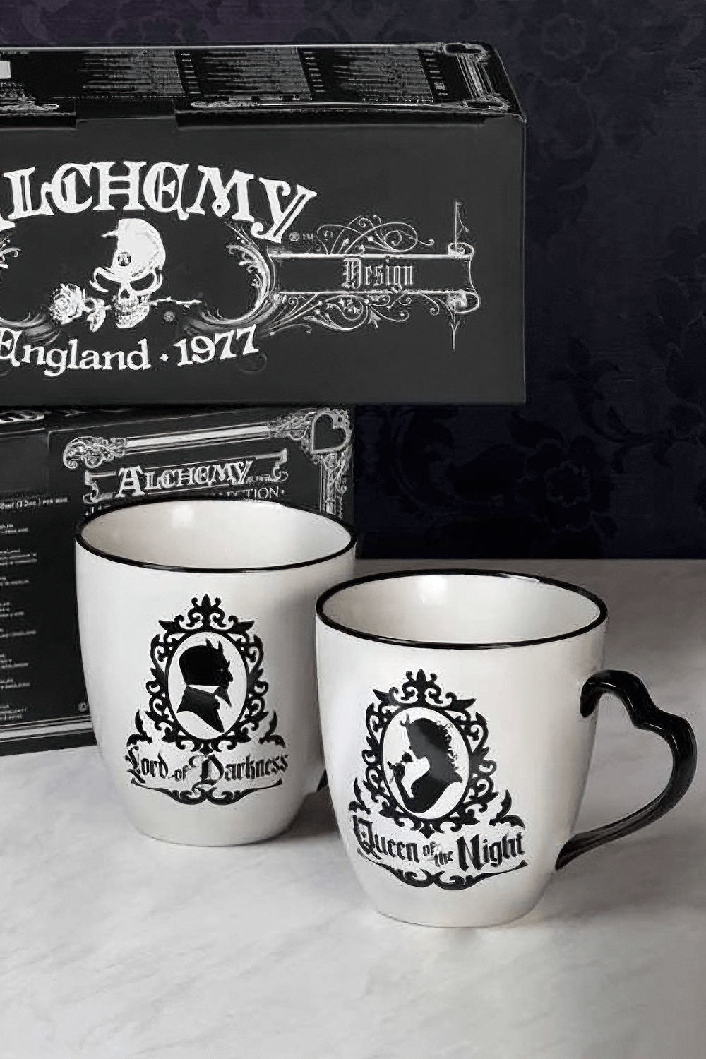 Dark Gothic couple mug set featuring Lord of Darkness and Queen of the Night designs with heart-shaped handles.