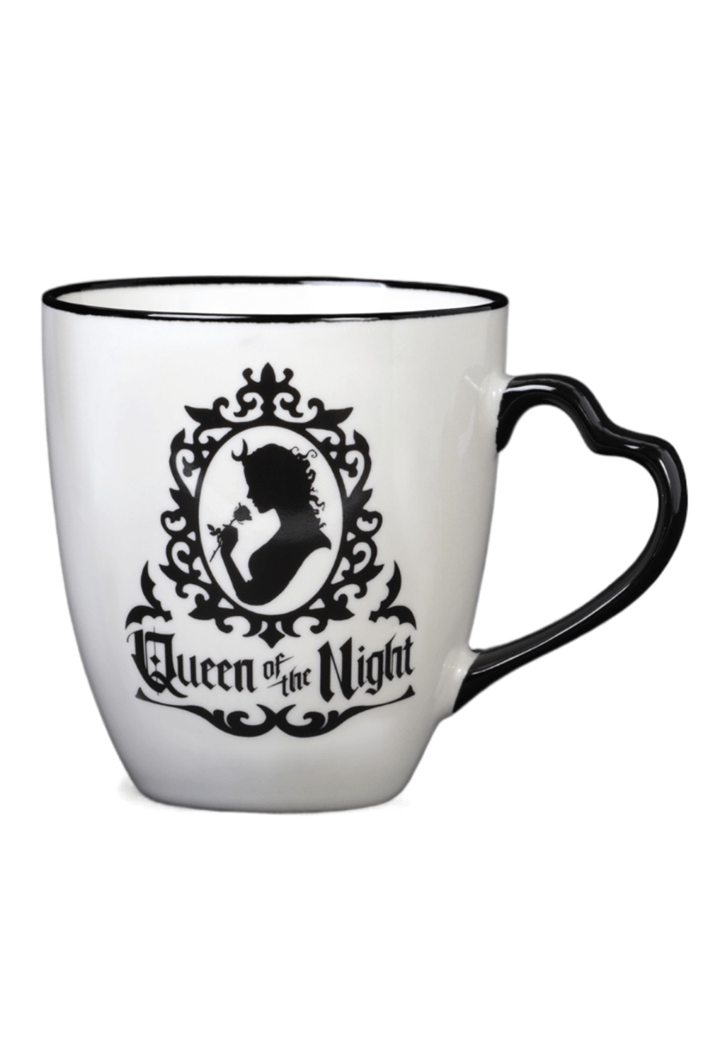 Gothic "Queen of the Night" mug with heart handle, featuring elegant silhouette art and fine bone china design.