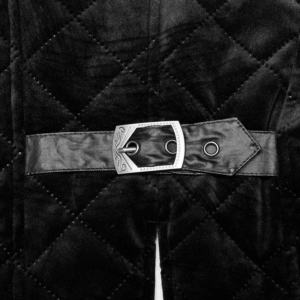 Close-up of Gothic quilted men's waistcoat featuring a stylish metal clasp and black fabric.