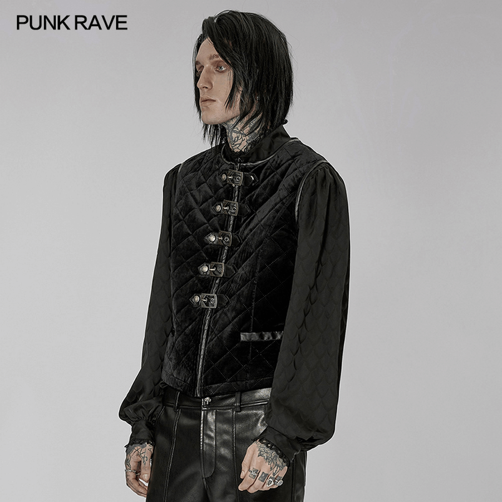 Gothic quilted black men's waistcoat with metal clasp closure for a stylish Victorian-inspired look.