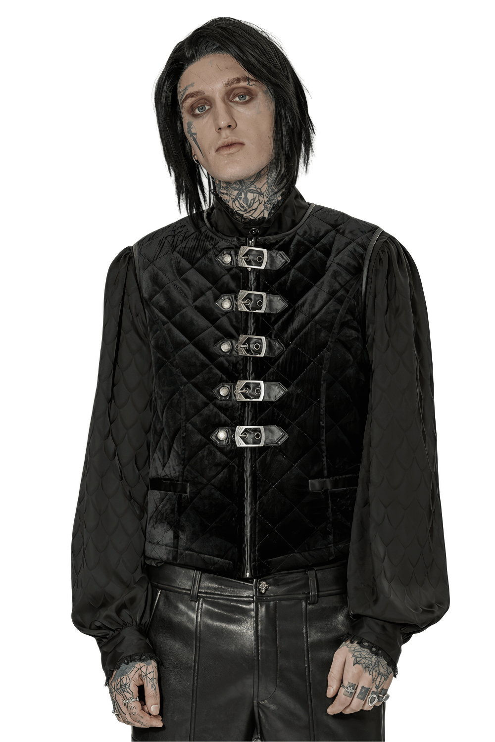 Gothic quilted men's waistcoat in black with metal clasp closure, perfect for stylish layering.