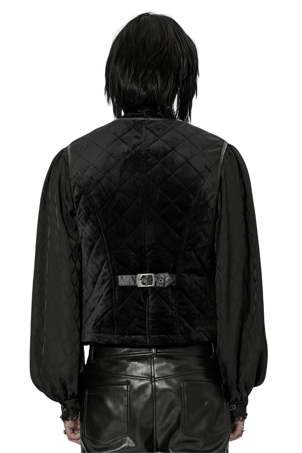 Back view of Gothic quilted men's waistcoat in black with metal clasp closure and elegant design.