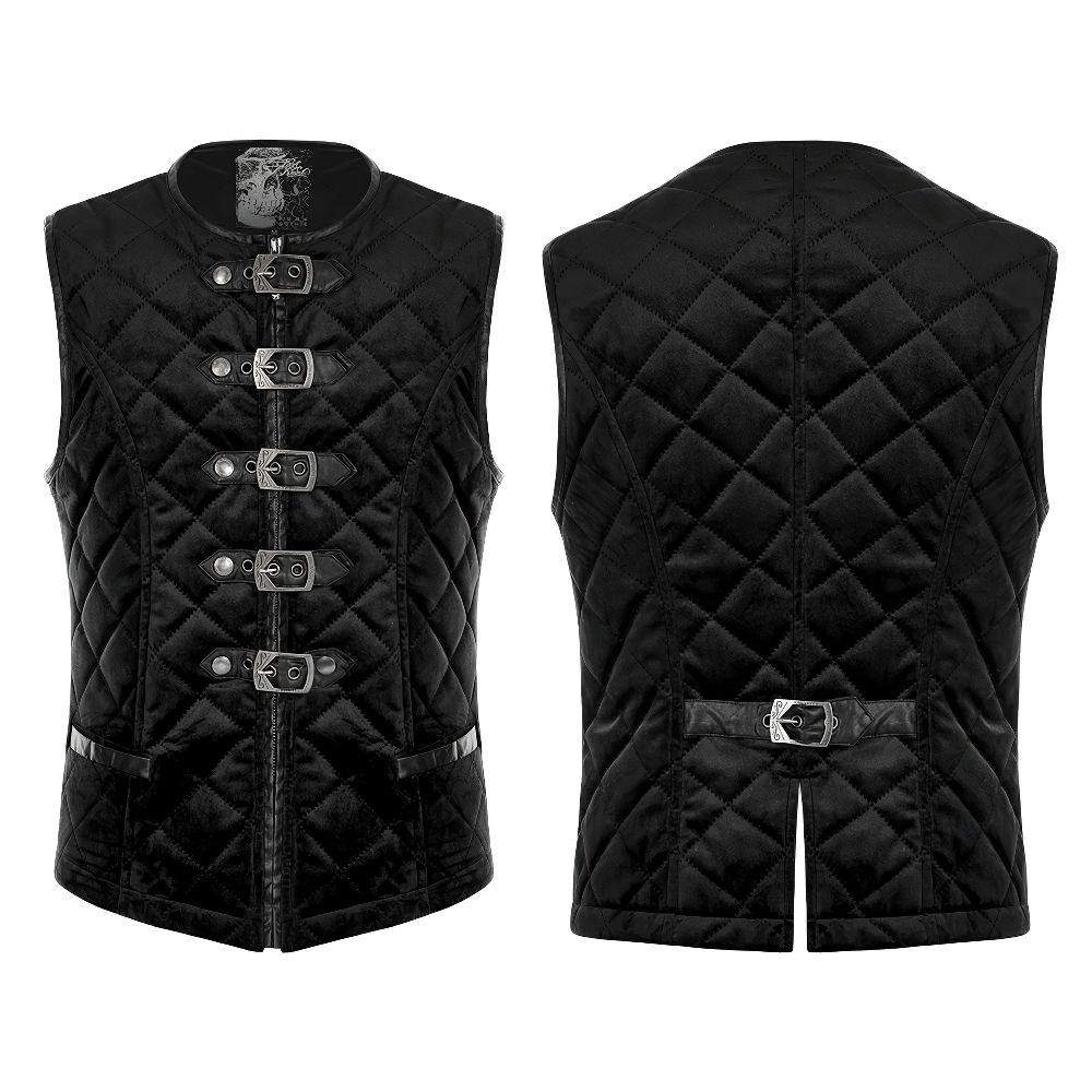 Gothic black quilted men's waistcoat with metal clasp closure, front and back view, perfect for layering.