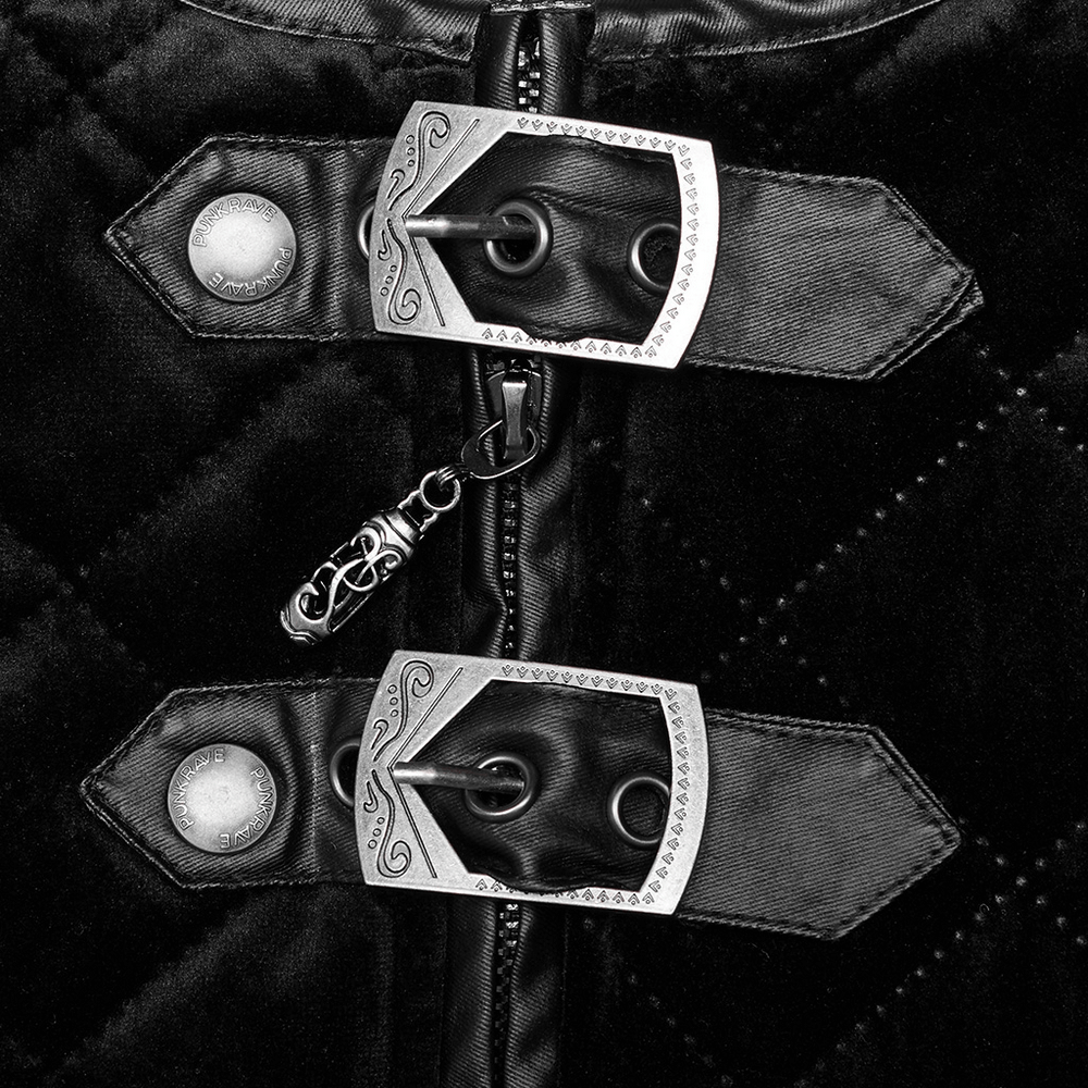 Close-up of gothic quilted men's waistcoat with intricate metal clasp closure.