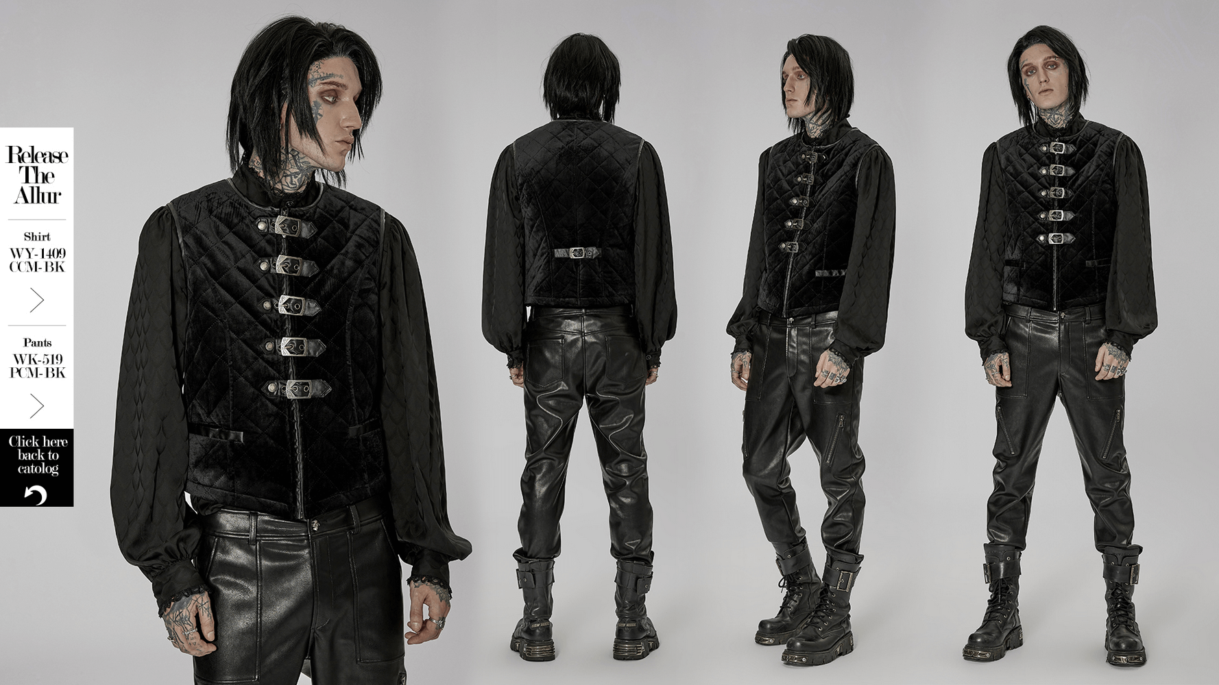 Gothic Quilted Men's Waistcoat with Metal Clasp Closure