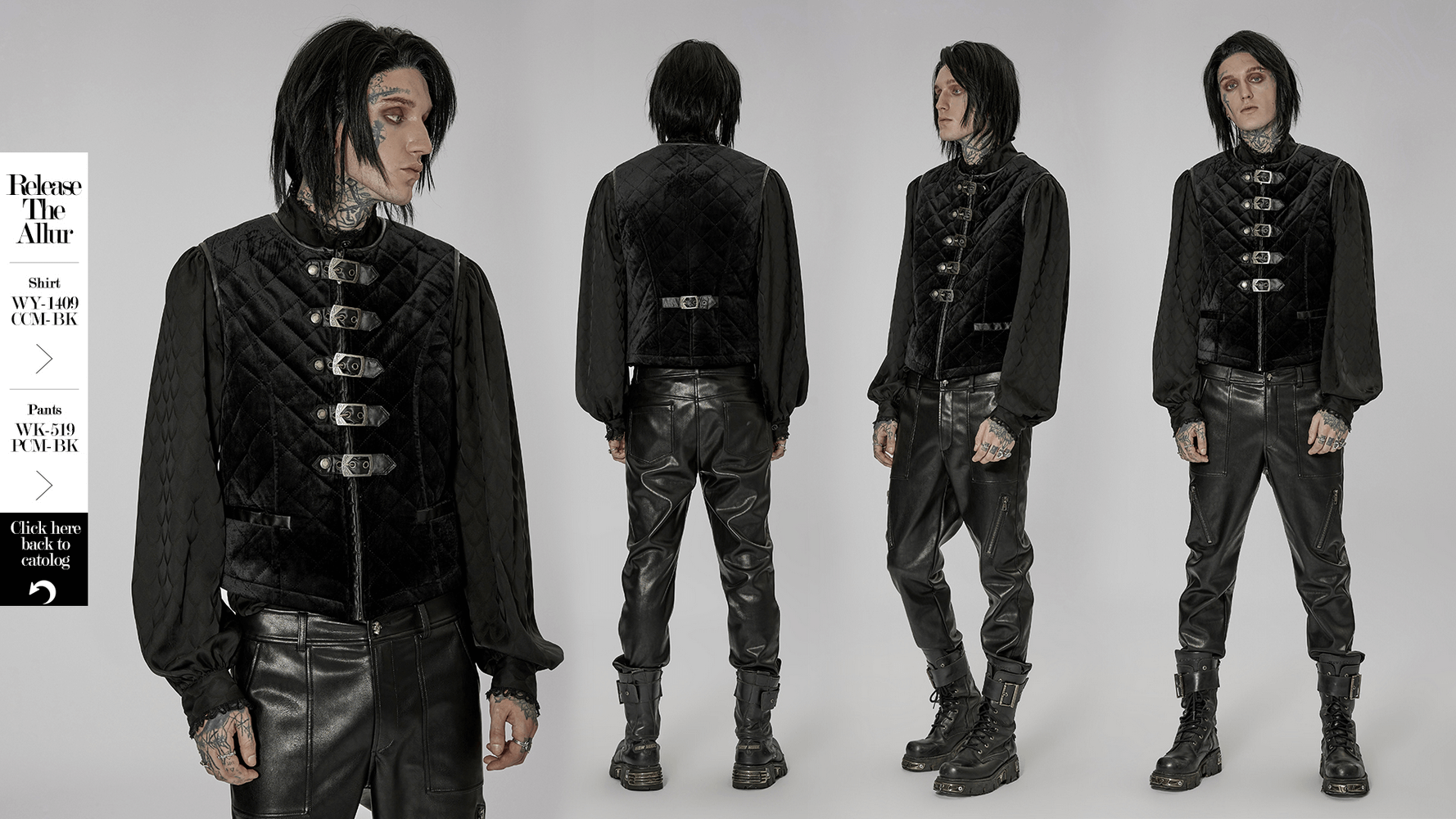 Gothic black quilted men's waistcoat with metal clasp closure, paired with stylish leather pants.