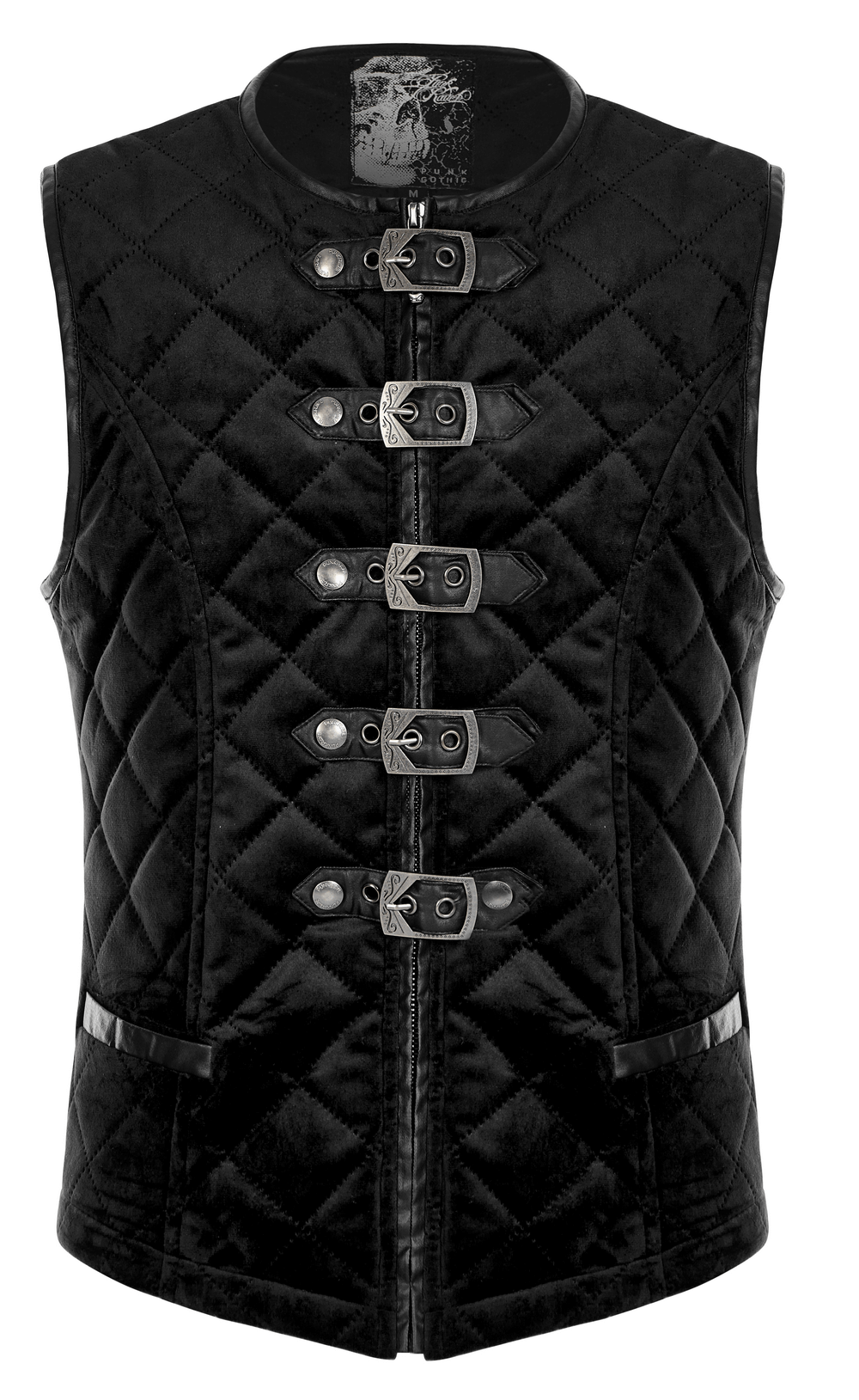 Gothic quilted men's waistcoat in black with metal clasp closure for stylish layering.