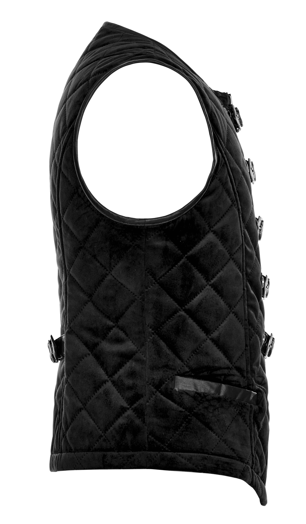 Gothic quilted men's waistcoat in black, featuring metal clasp closure and stylish design for cooler weather.