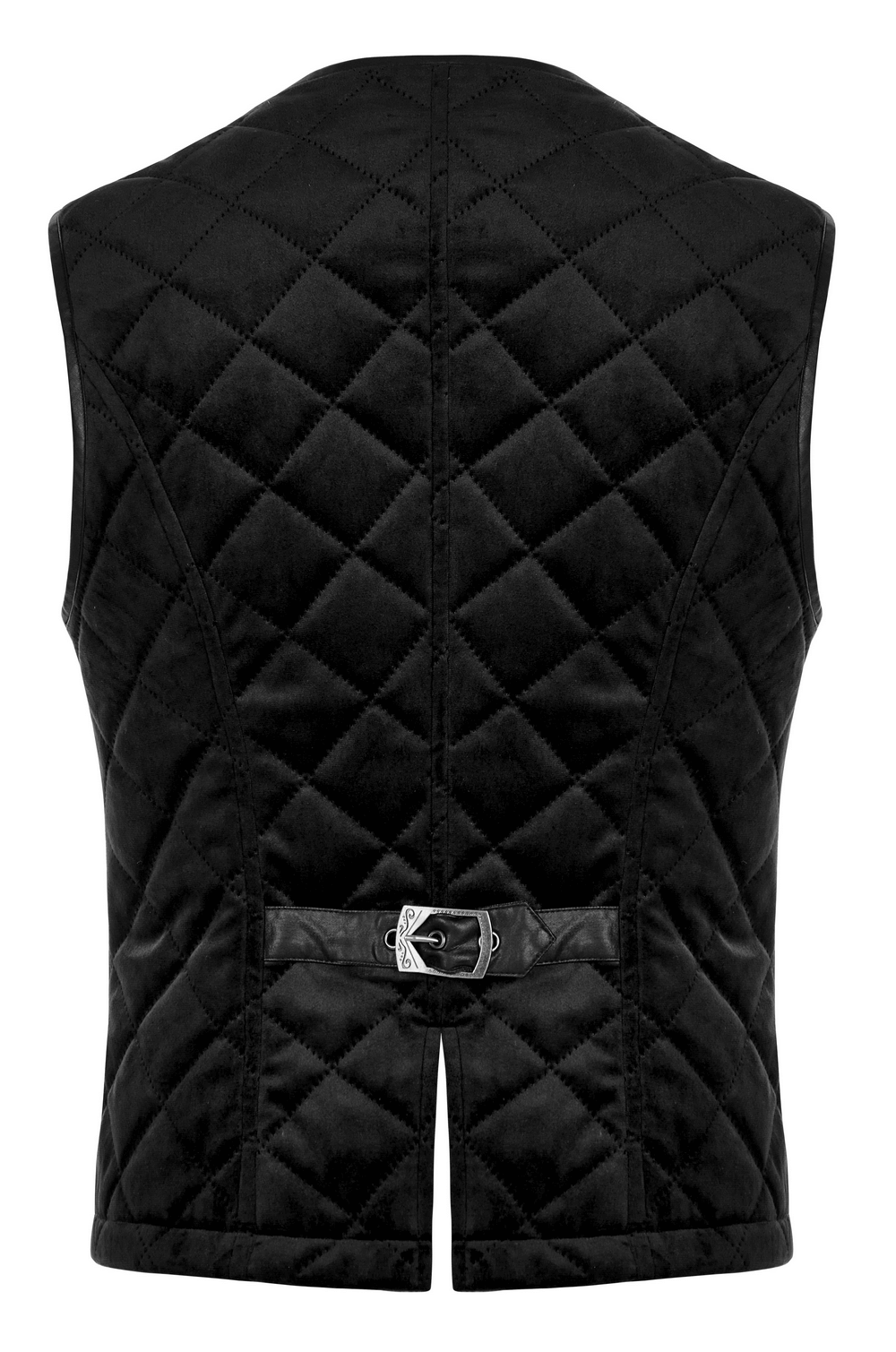 Gothic black quilted men's waistcoat with metal clasp closure from the back view.
