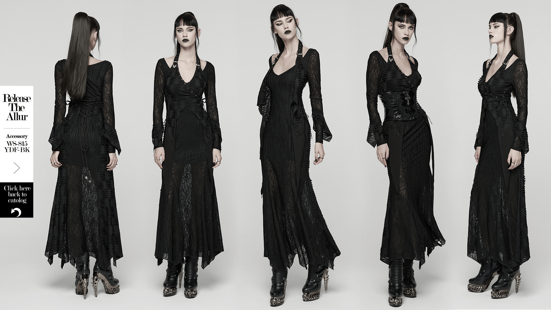 Gothic Ragged Knit Mesh Dress with Fish-tail Hem showcased in multiple angles on a model.