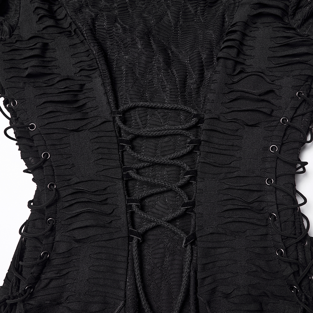 Gothic Ragged Knit Mesh Dress with Fish-tail Hem showcasing textured mesh and lace-up detailing.