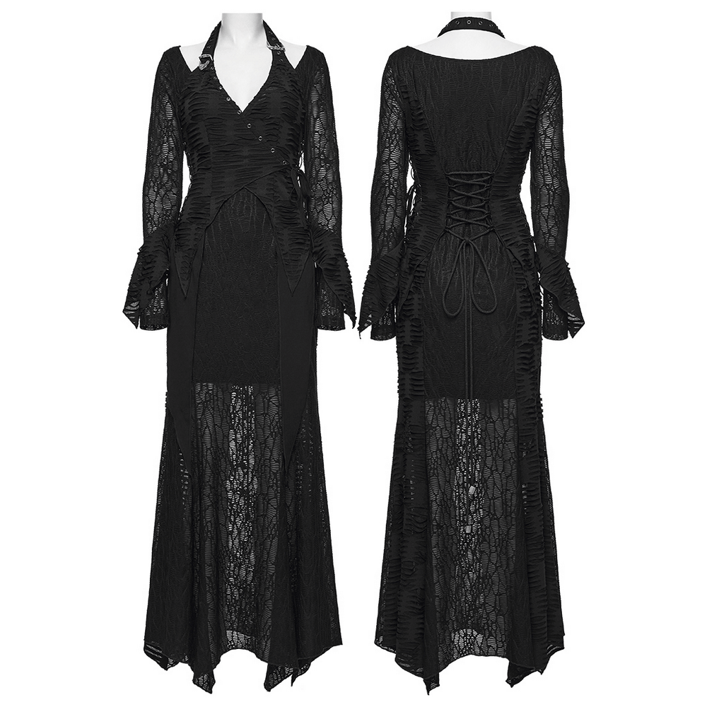 Gothic Ragged Knit Mesh Dress with Fish-tail Hem, featuring intricate lace design and stylish D-ring details.
