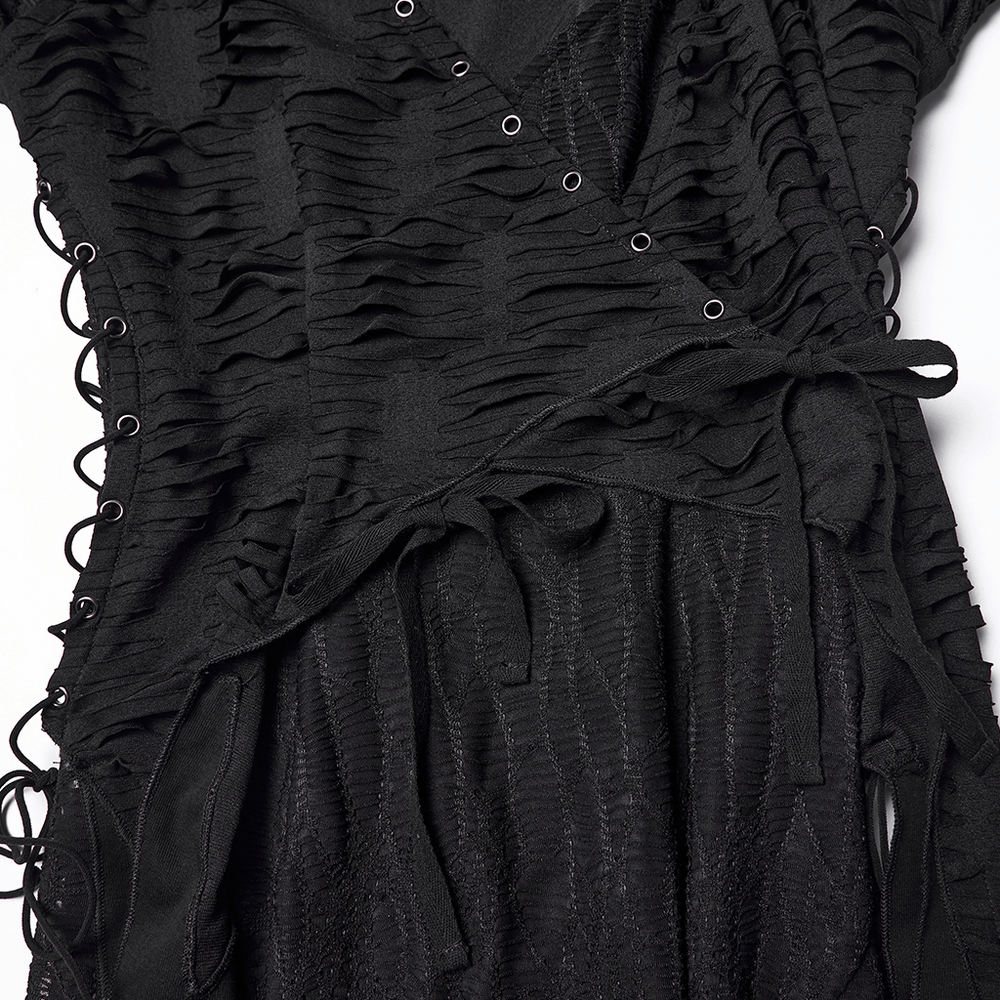 Gothic Ragged Knit Mesh Dress with Fish-tail Hem featuring textured mesh and metal D-rings for a punk style.
