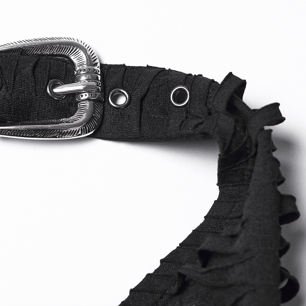 Close-up of a black textured strap with a silver buckle, accentuating the Gothic Ragged Knit Mesh Dress with Fish-tail Hem.