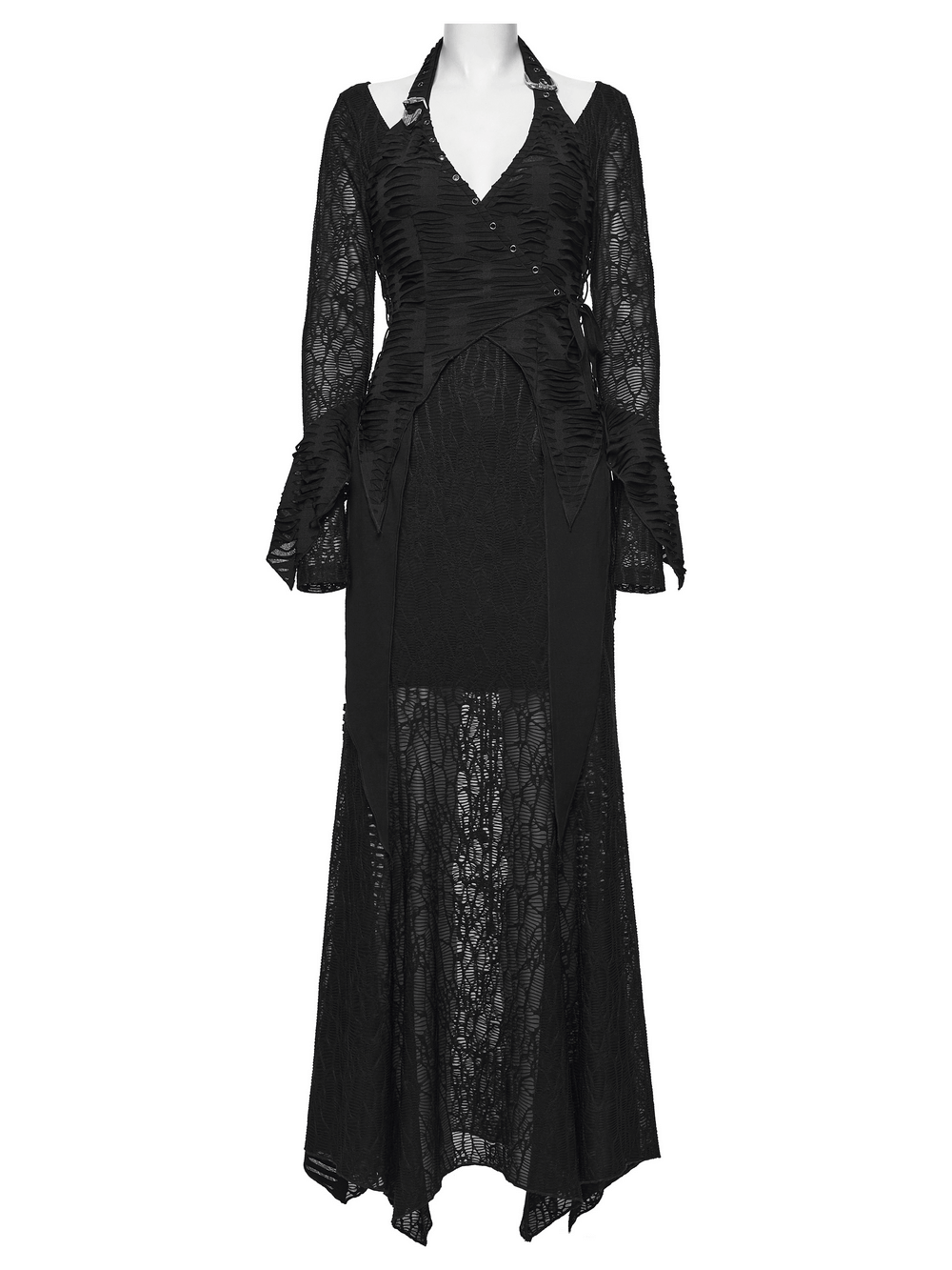 Gothic Ragged Knit Mesh Dress with Fish-tail Hem on display, featuring a stylish halterneck and textured mesh.