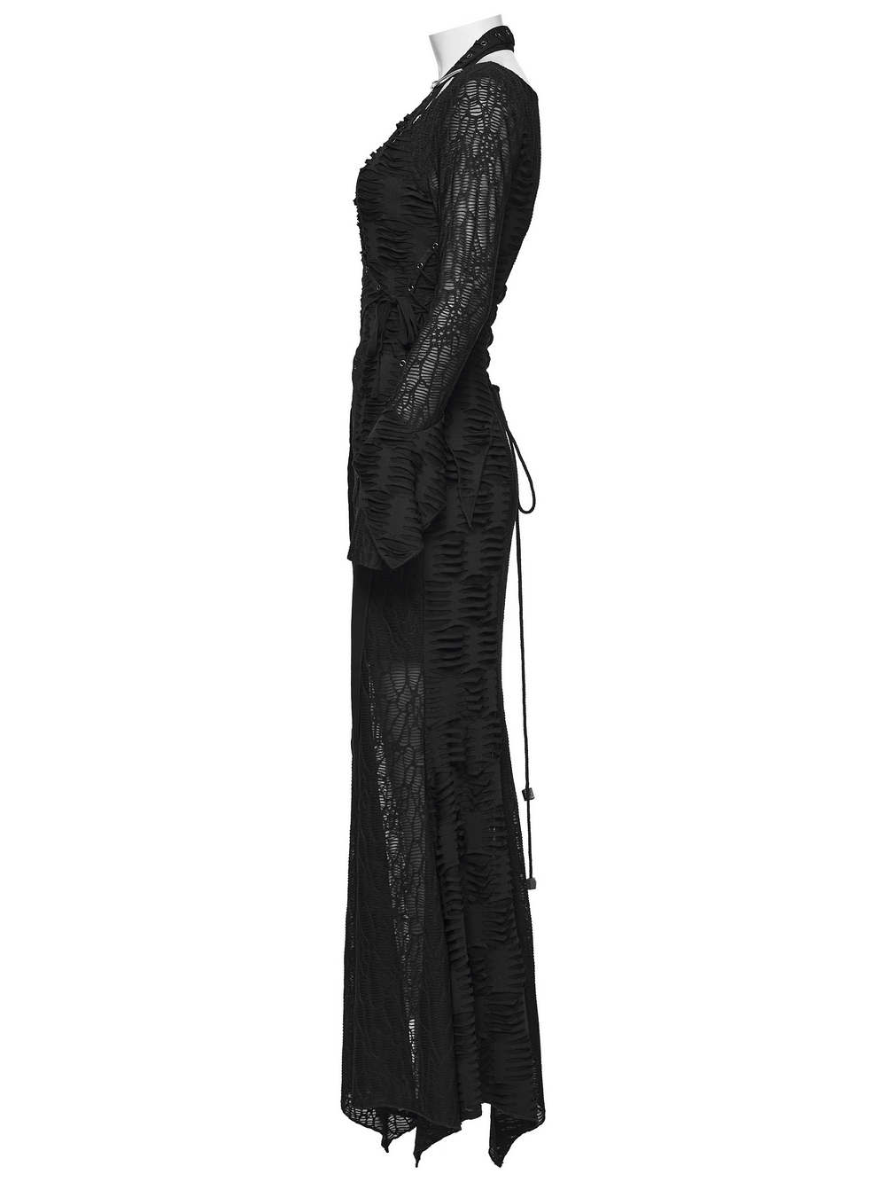 Gothic Ragged Knit Mesh Dress with Fish-tail Hem showcased sideways, featuring unique halterneck and fish-tail silhouette.