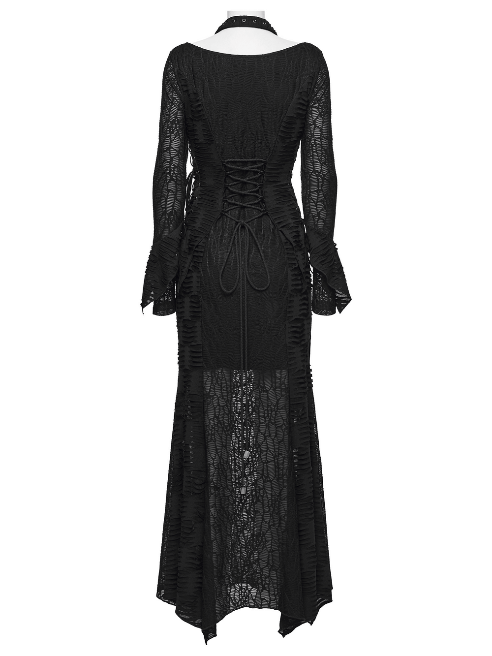 Gothic Ragged Knit Mesh Dress with Fish-tail Hem featuring a lace-up back and flared sleeves, showcasing punk elegance.