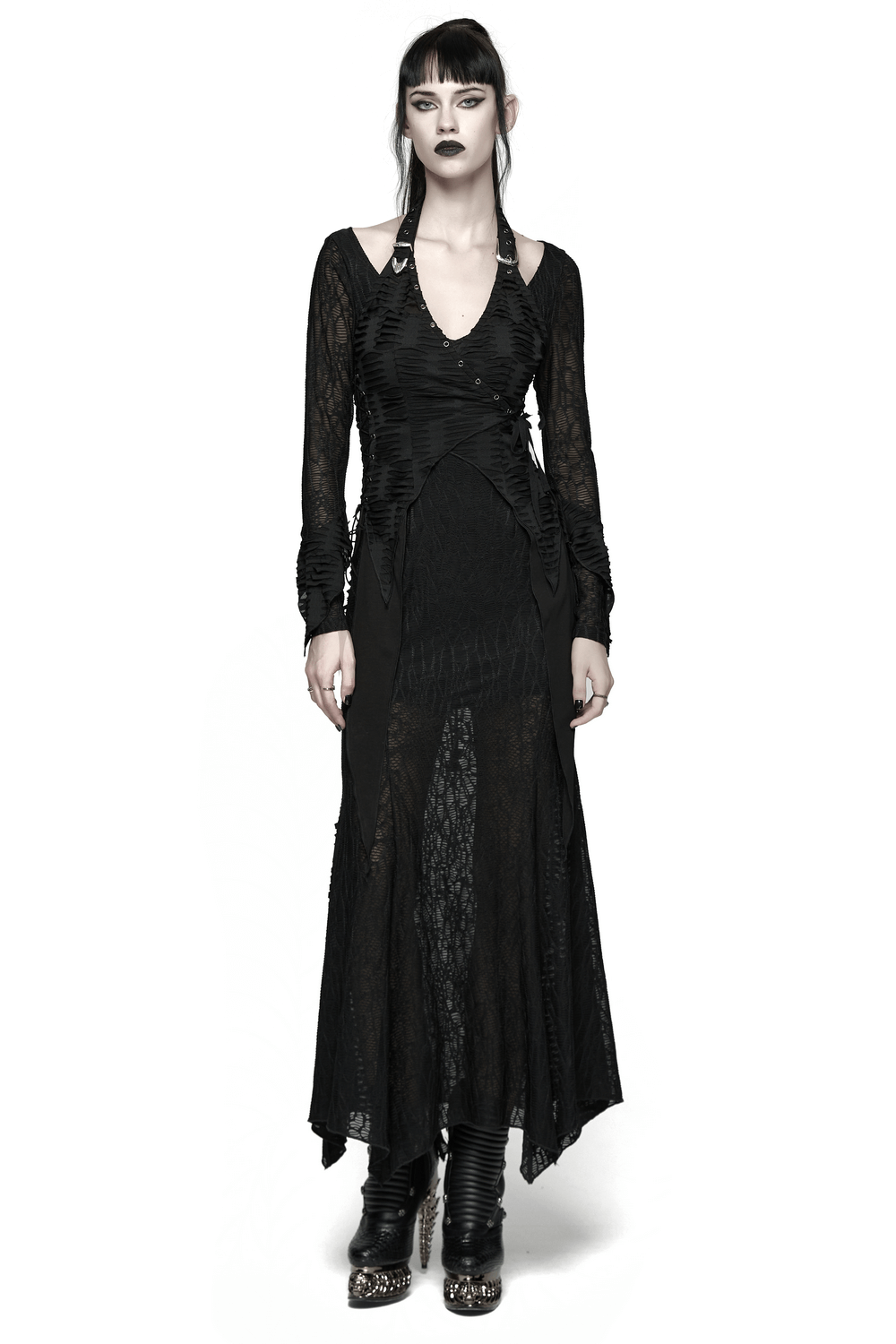 Gothic Ragged Knit Mesh Dress with Fish-tail Hem, showcasing unique halterneck and fish-tail design, perfect for punk fashion lovers.